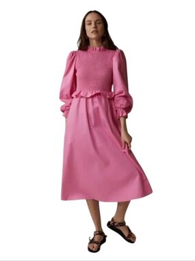 Kitri Vibrant Pink Smocked Mock Neck Midi Dress with Puff Sleeves